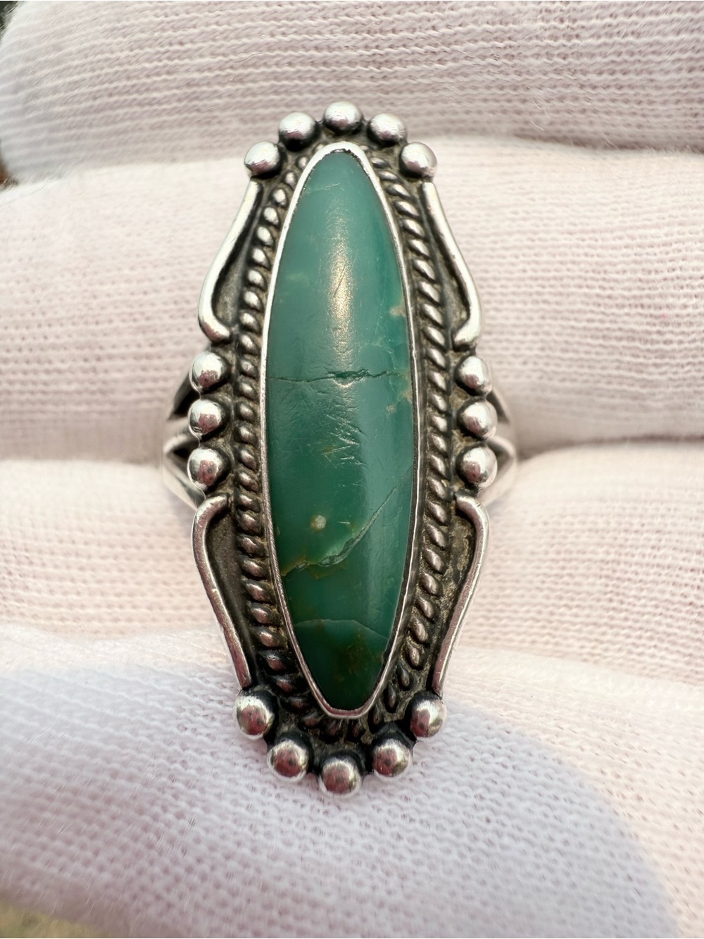 Ornate Vintage Sterling Silver Green Turquoise Ring